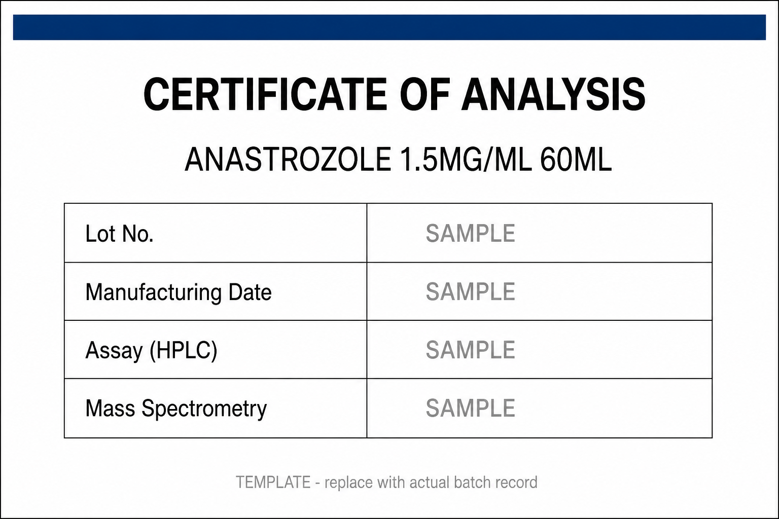 SAMPLE COA template for Anastrozole 1.5MG/ML 60ML