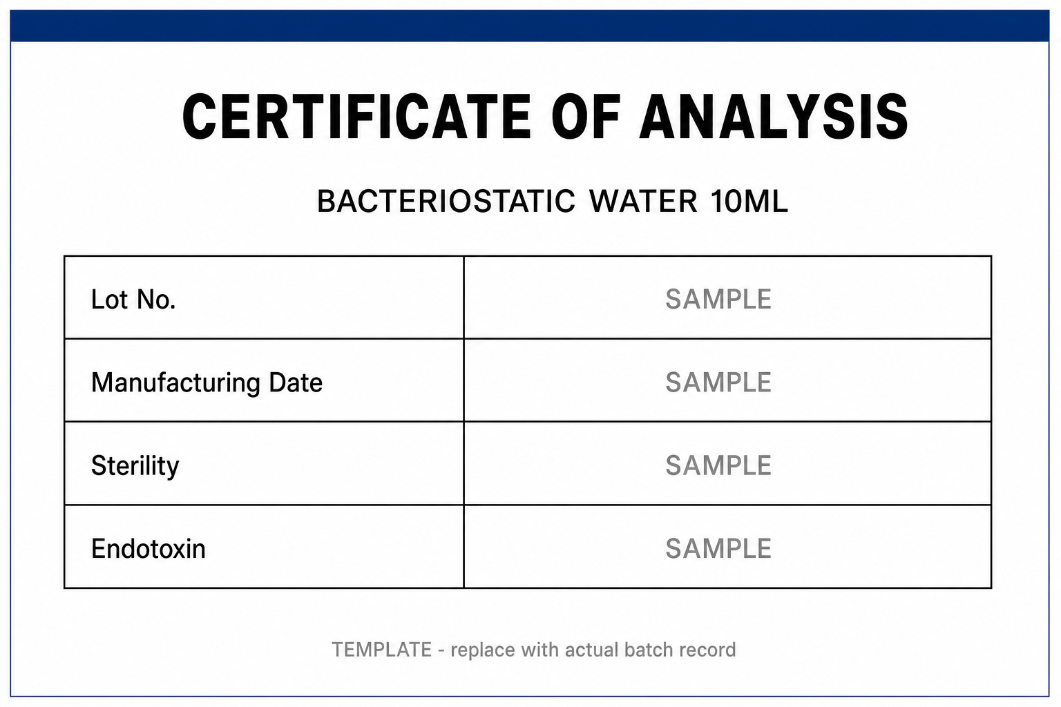 SAMPLE COA template for Bacteriostatic Water 10ML