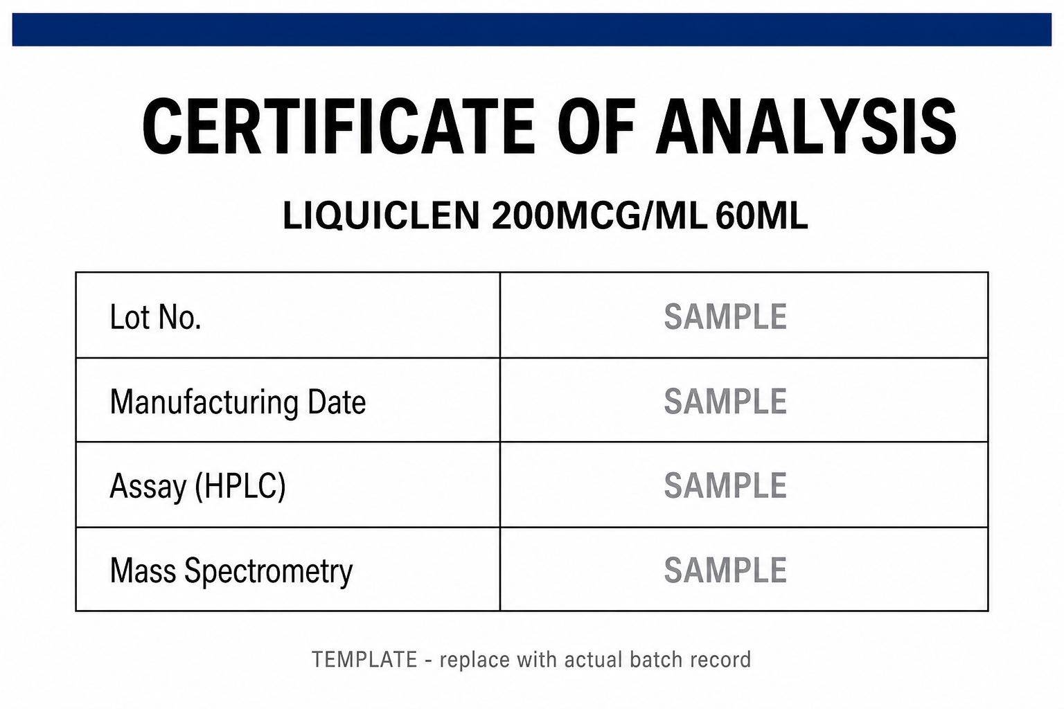 SAMPLE COA template for Clenbuterol 200MCG/ML 60ML