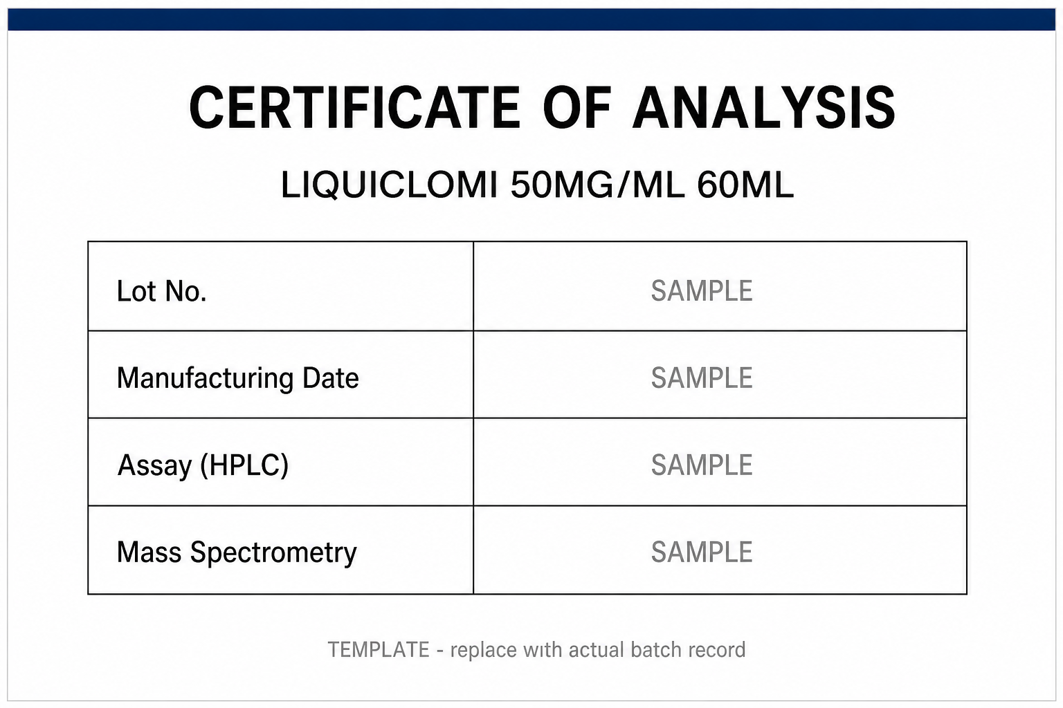 SAMPLE COA template for Clomiphene 50MG/ML 60ML