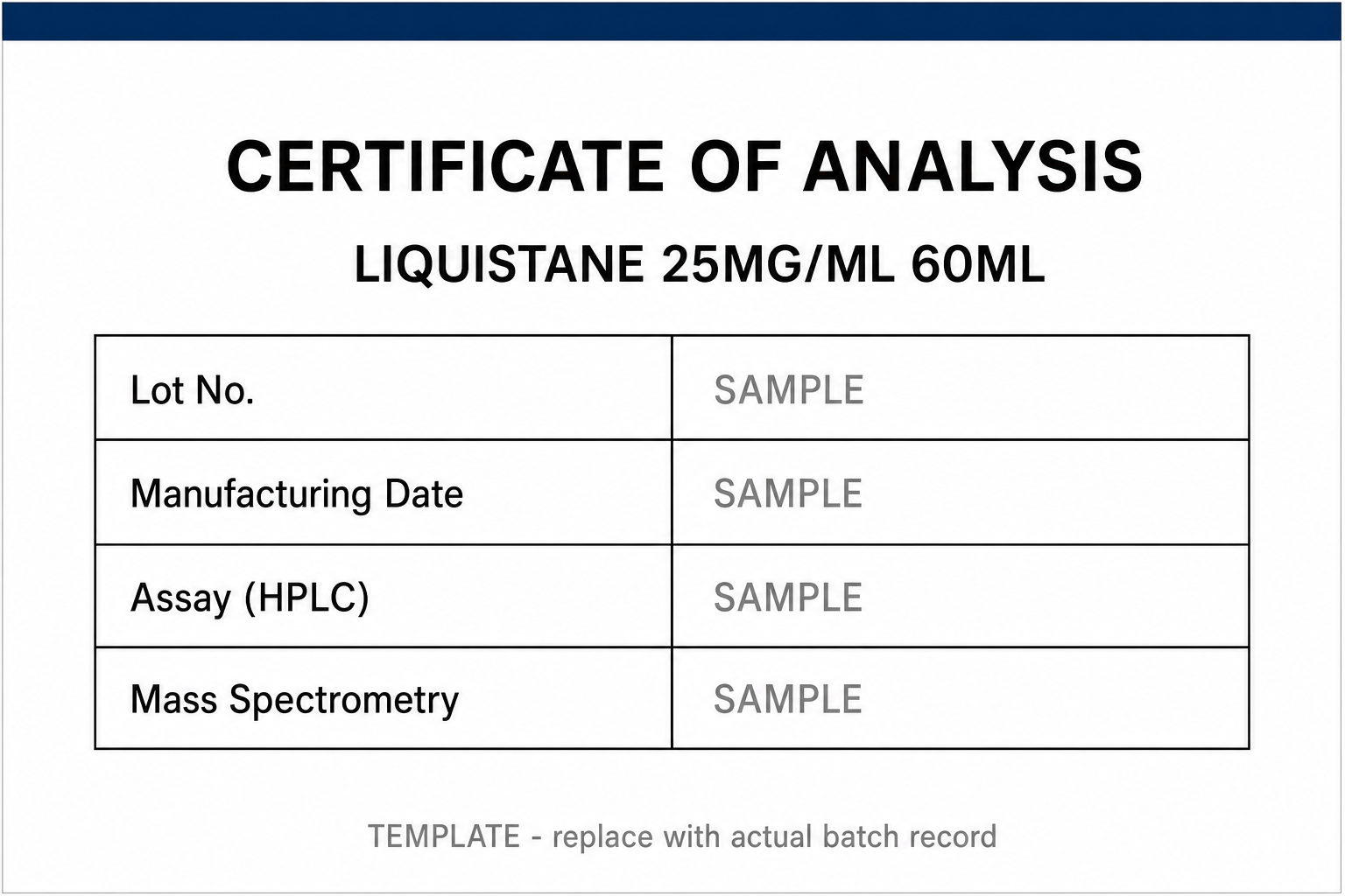 SAMPLE COA template for Exemestane 25MG/ML 60ML