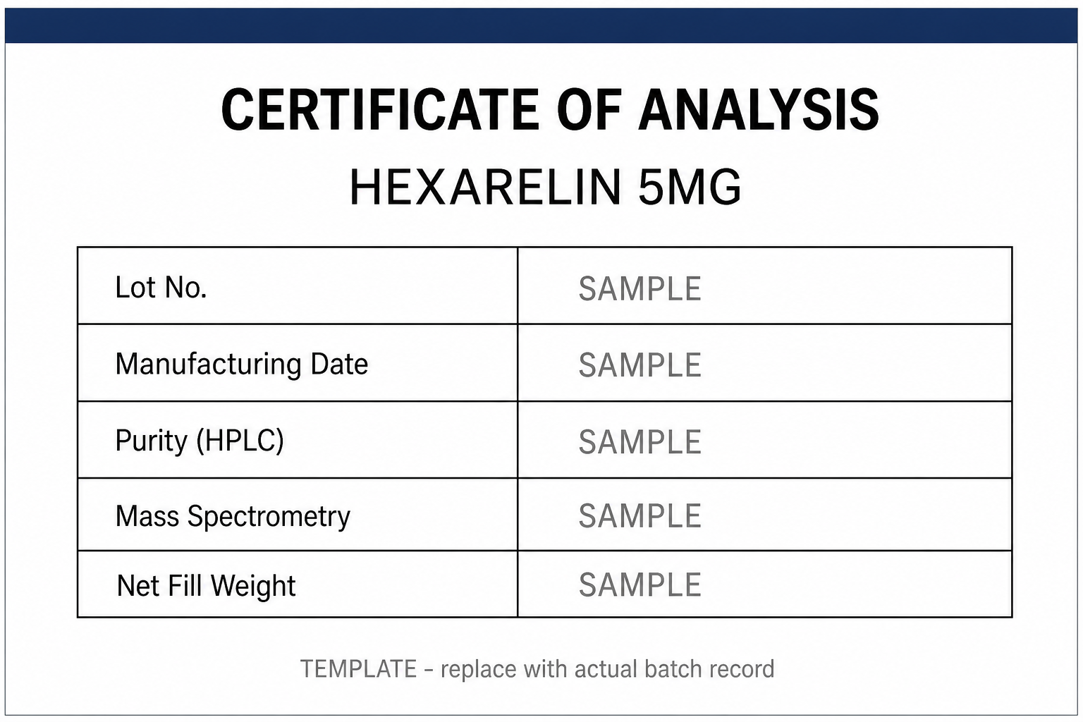 SAMPLE COA template for Hexarelin 5MG