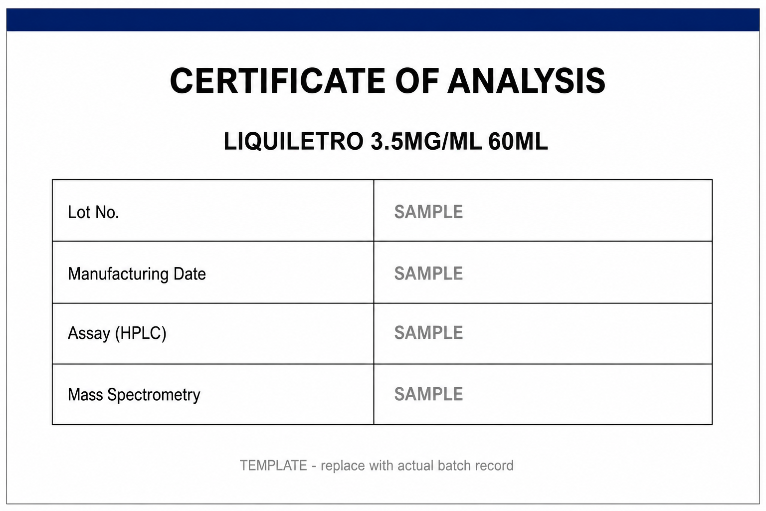 SAMPLE COA template for Letrozole 3.5MG/ML 60ML
