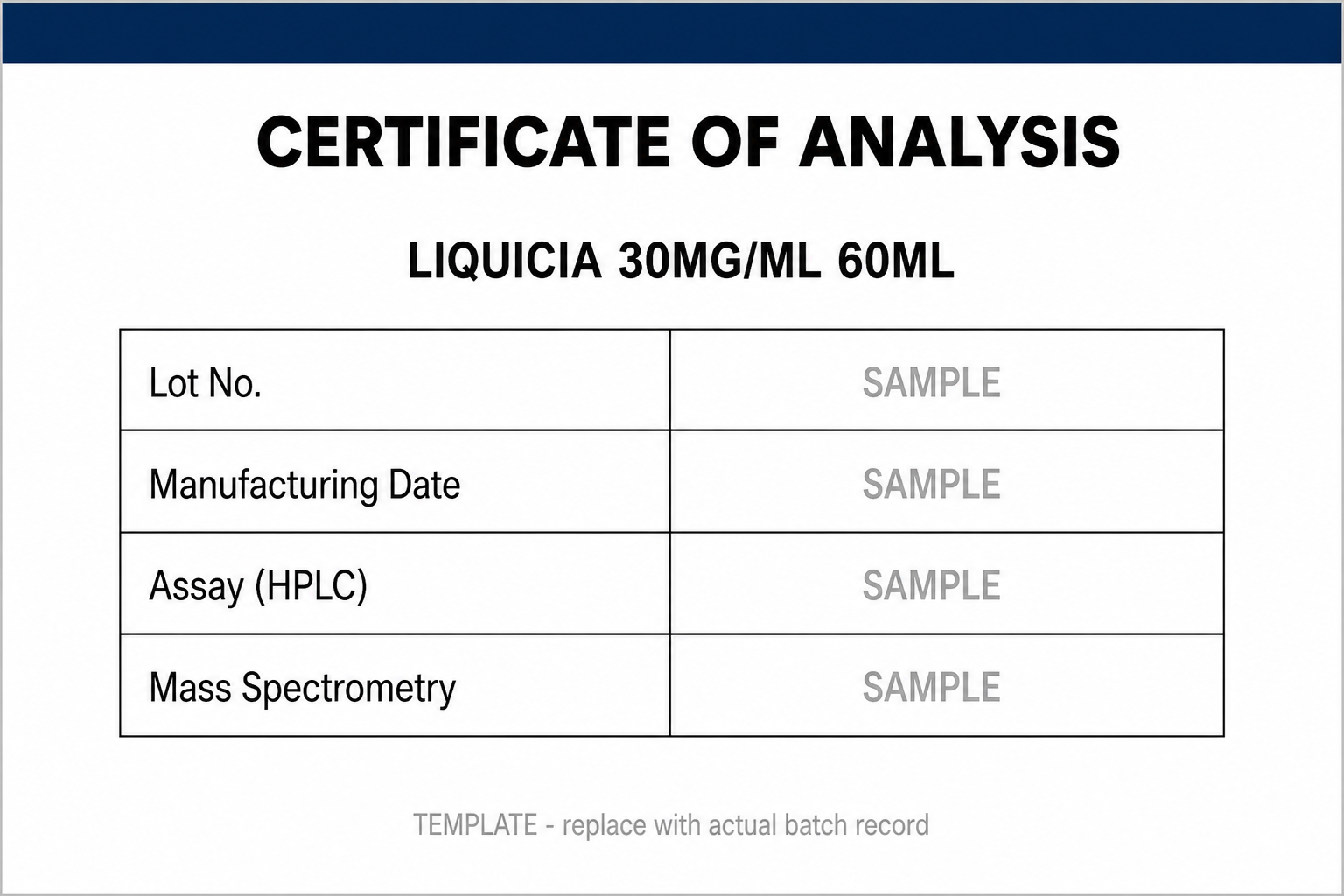 SAMPLE COA template for Cialis (Tadalafil) 30MG/ML 60ML