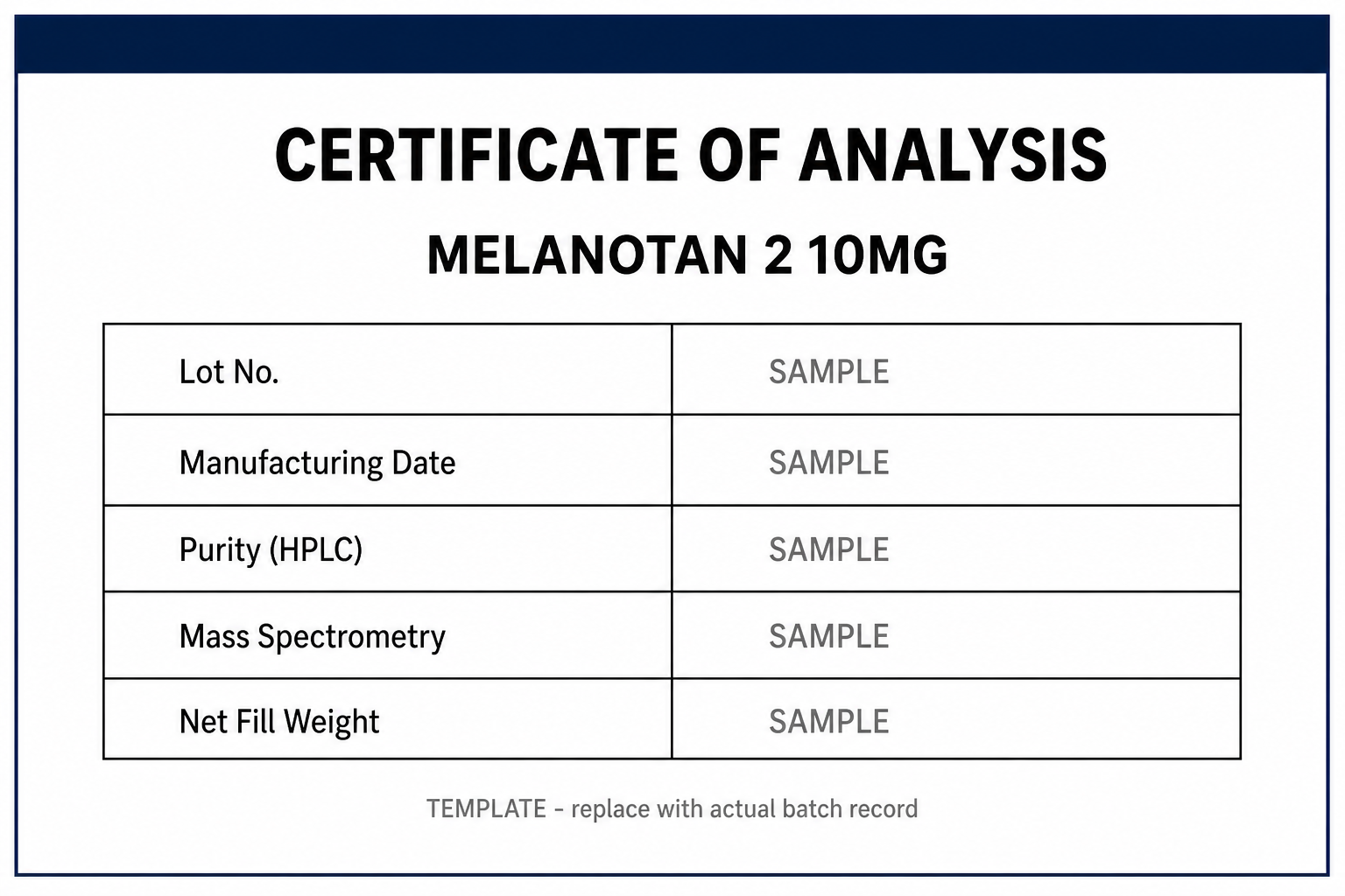 SAMPLE COA template for Melanotan 2 10MG