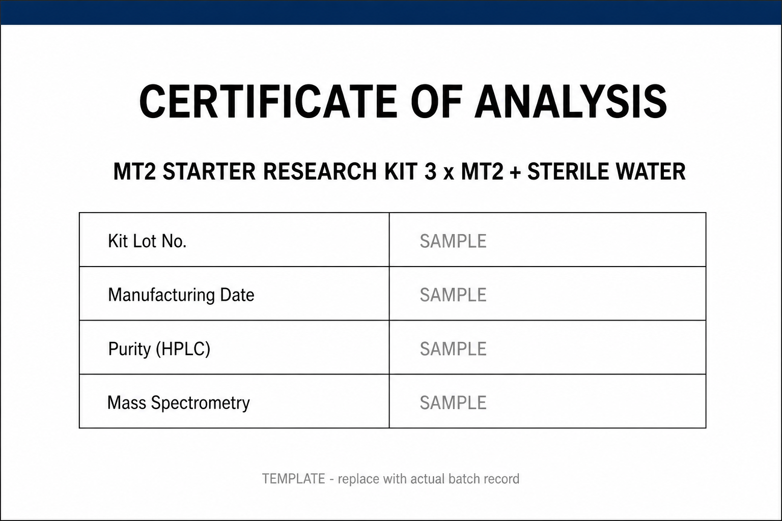 SAMPLE COA template for MT2 Starter Research Kit 30MG kit · 3 x MT2 + sterile water