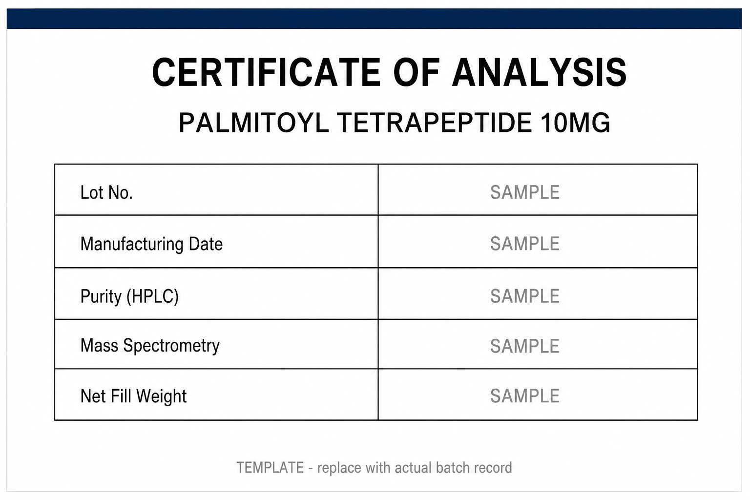 SAMPLE COA template for Palmitoyl Tetrapeptide 10MG