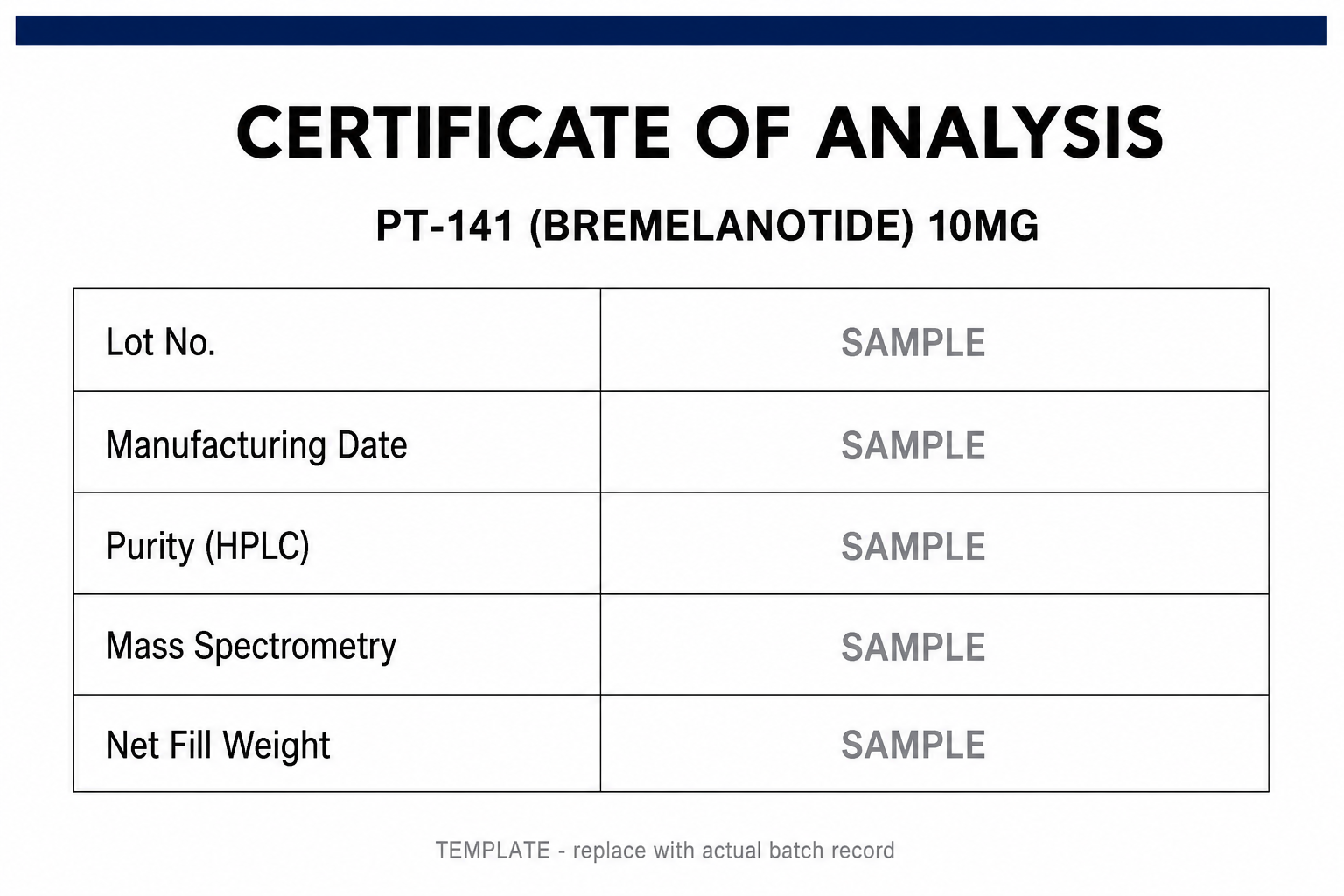 SAMPLE COA template for PT-141 (Bremelanotide) 10MG