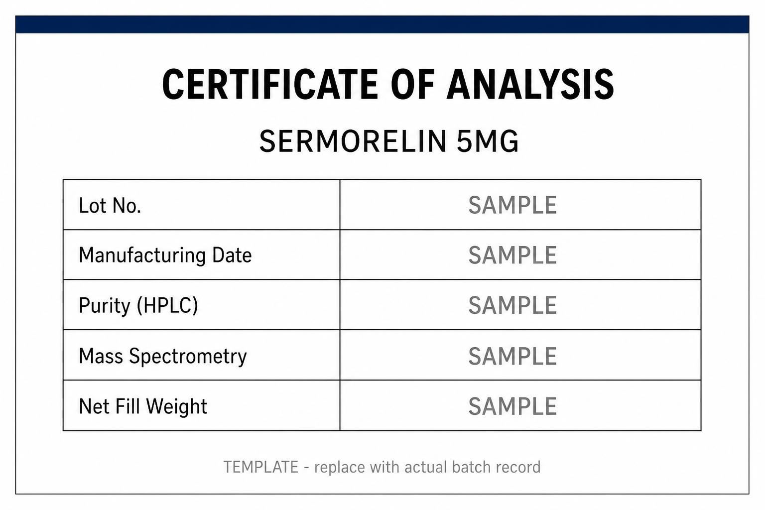 SAMPLE COA template for Sermorelin 5MG