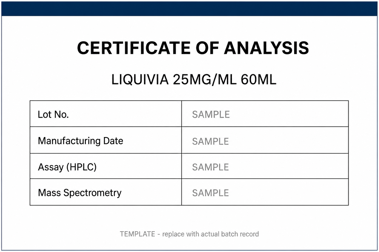 SAMPLE COA template for Viagra (Sildenafil) 25MG/ML 60ML