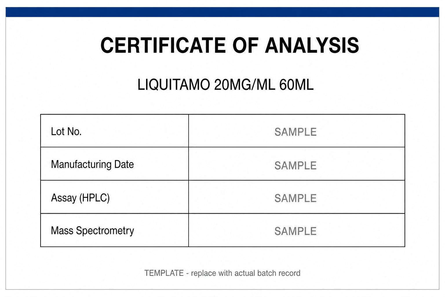 SAMPLE COA template for Tamoxifen 20MG/ML 60ML