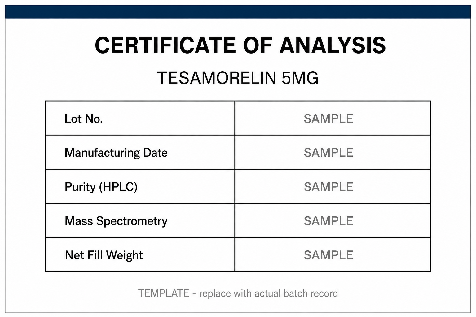 SAMPLE COA template for Tesamorelin 5MG