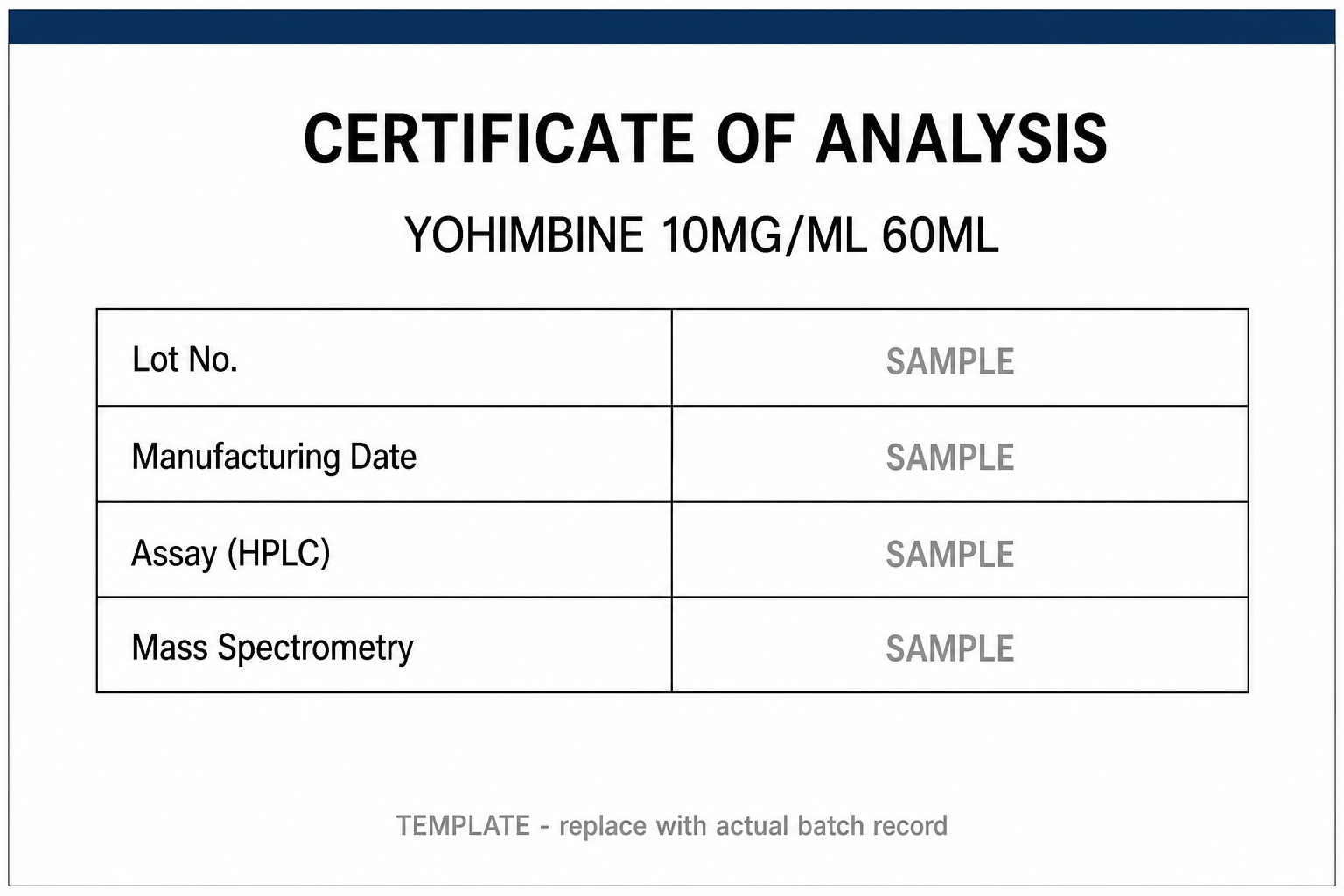SAMPLE COA template for Yohimbine 10MG/ML 60ML
